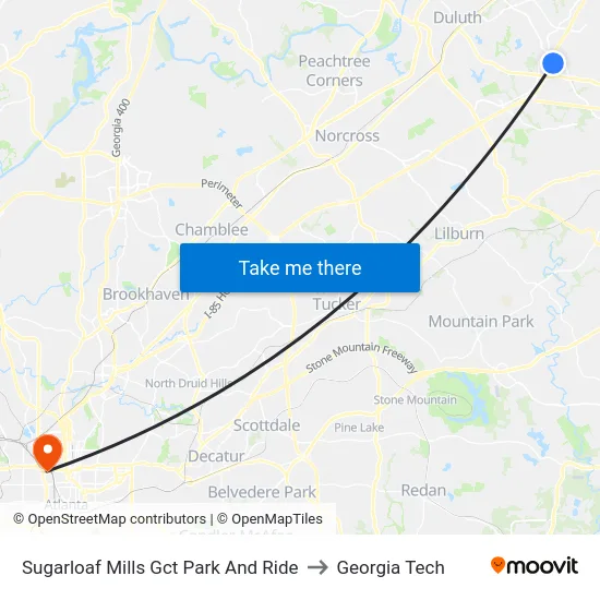 Sugarloaf Mills Gct Park And Ride to Georgia Tech map