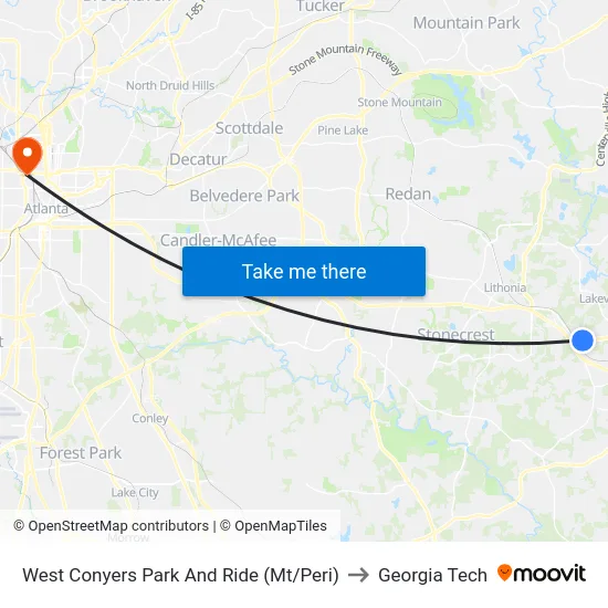 West Conyers Park And Ride (Mt/Peri) to Georgia Tech map