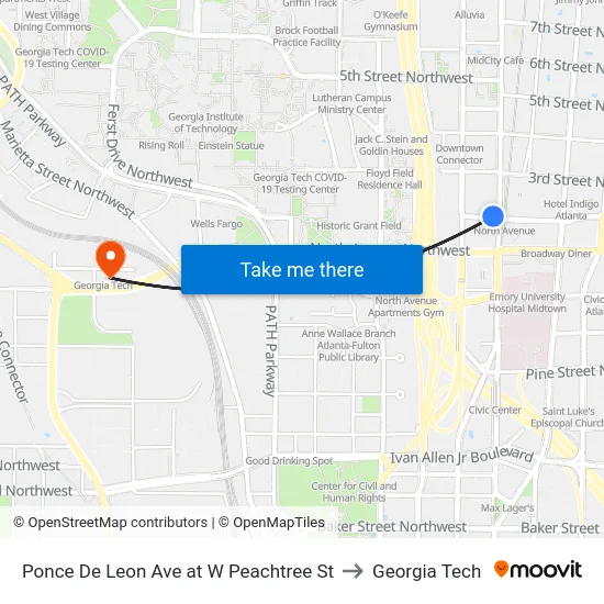 Ponce De Leon Ave at W Peachtree St to Georgia Tech map