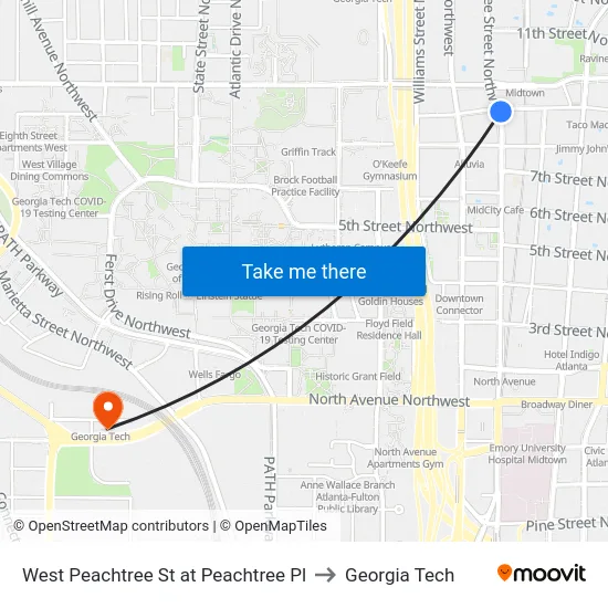 West Peachtree St at Peachtree Pl to Georgia Tech map