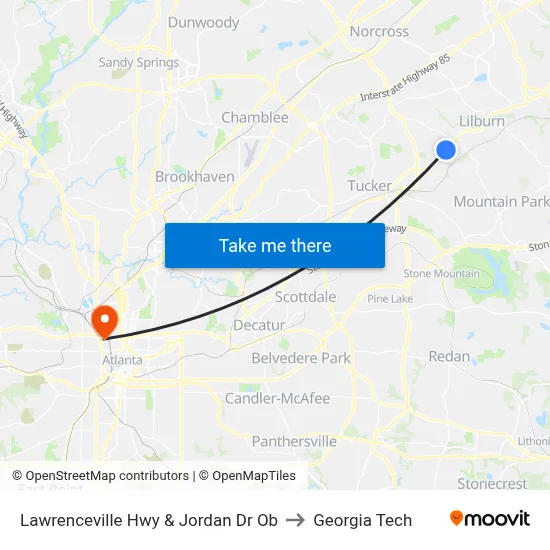 Lawrenceville Hwy & Jordan Dr Ob to Georgia Tech map