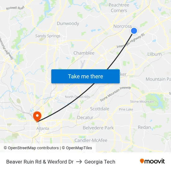 Beaver Ruin Rd & Wexford Dr to Georgia Tech map