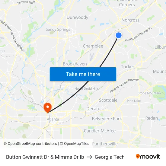 Button Gwinnett Dr & Mimms Dr Ib to Georgia Tech map