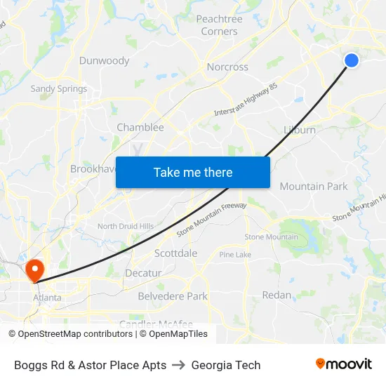 Boggs Rd & Astor Place Apts to Georgia Tech map