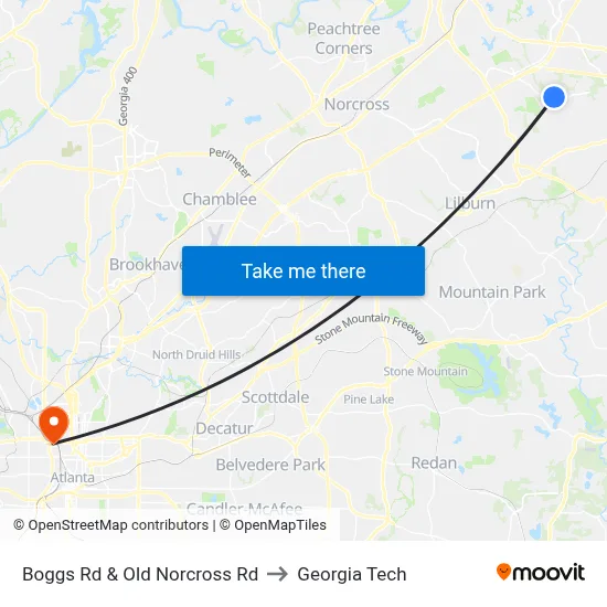 Boggs Rd & Old Norcross Rd to Georgia Tech map