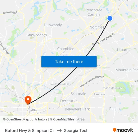 Buford Hwy & Simpson Cir to Georgia Tech map