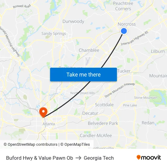 Buford Hwy & Value Pawn Ob to Georgia Tech map