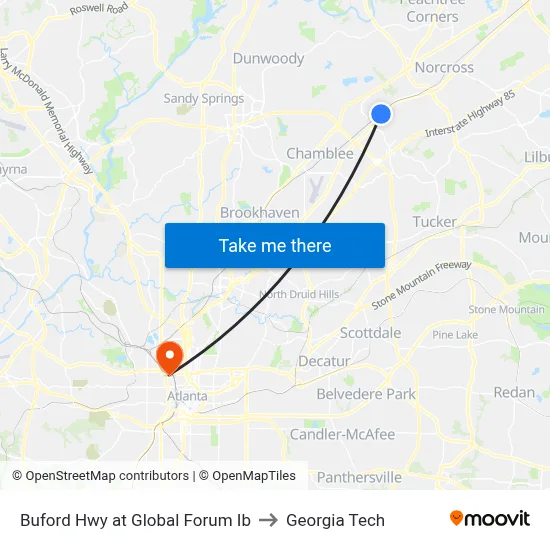 Buford Hwy at Global Forum Ib to Georgia Tech map