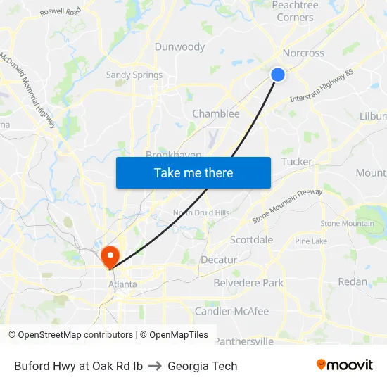 Buford Hwy at Oak Rd Ib to Georgia Tech map