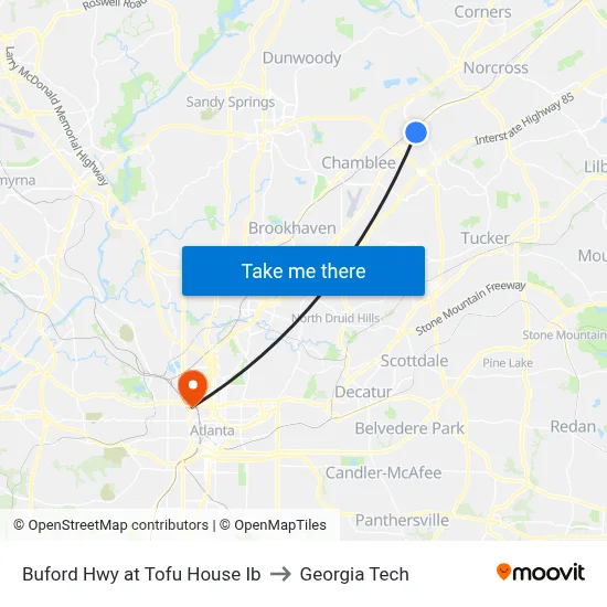 Buford Hwy at Tofu House Ib to Georgia Tech map