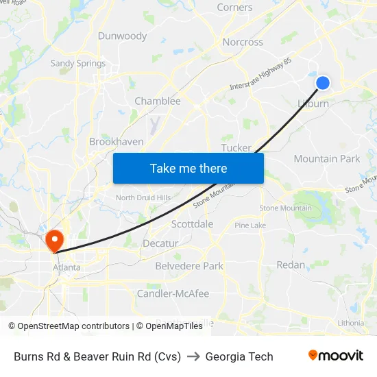 Burns Rd & Beaver Ruin Rd (Cvs) to Georgia Tech map