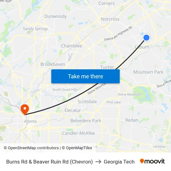Burns Rd & Beaver Ruin Rd (Chevron) to Georgia Tech map