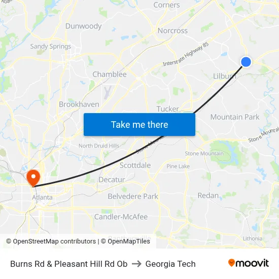 Burns Rd & Pleasant Hill Rd Ob to Georgia Tech map