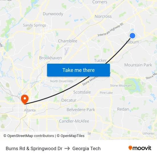 Burns Rd & Springwood Dr to Georgia Tech map