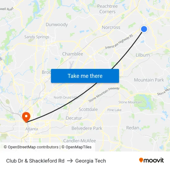 Club Dr & Shackleford Rd to Georgia Tech map