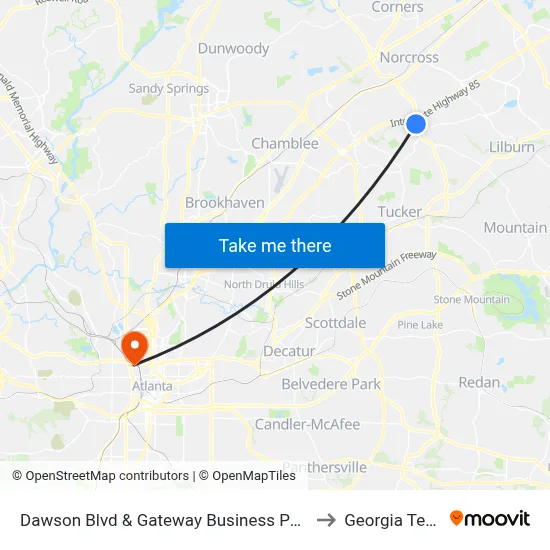 Dawson Blvd & Gateway Business Park to Georgia Tech map