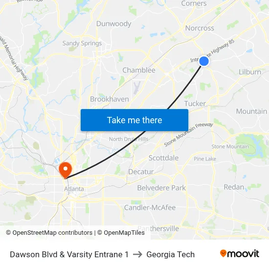 Dawson Blvd & Varsity Entrane 1 to Georgia Tech map