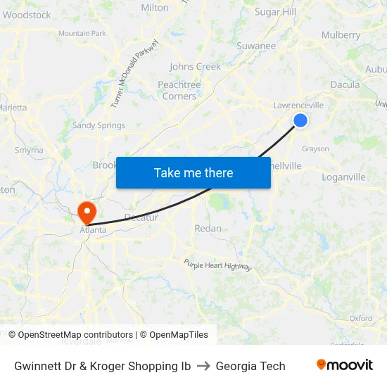Gwinnett Dr & Kroger Shopping Ib to Georgia Tech map