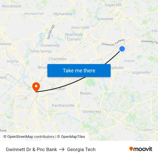 Gwinnett Dr & Pnc Bank to Georgia Tech map