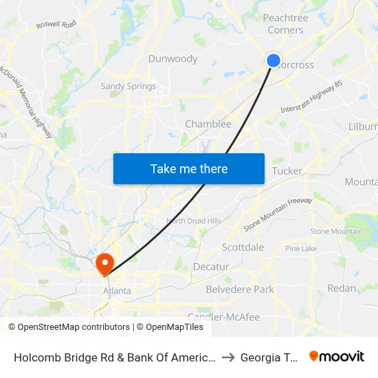 Holcomb Bridge Rd & Bank Of America Ob to Georgia Tech map