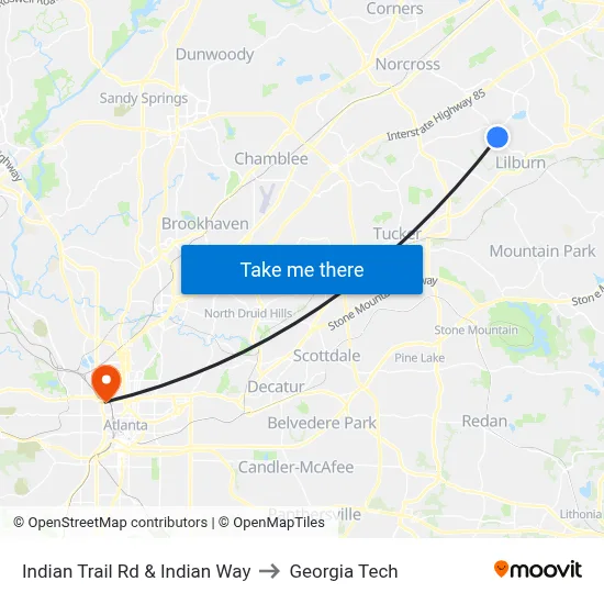 Indian Trail Rd & Indian Way to Georgia Tech map