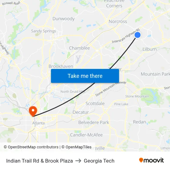 Indian Trail Rd & Brook Plaza to Georgia Tech map