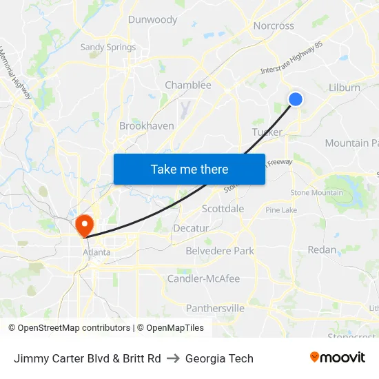 Jimmy Carter Blvd & Britt Rd to Georgia Tech map
