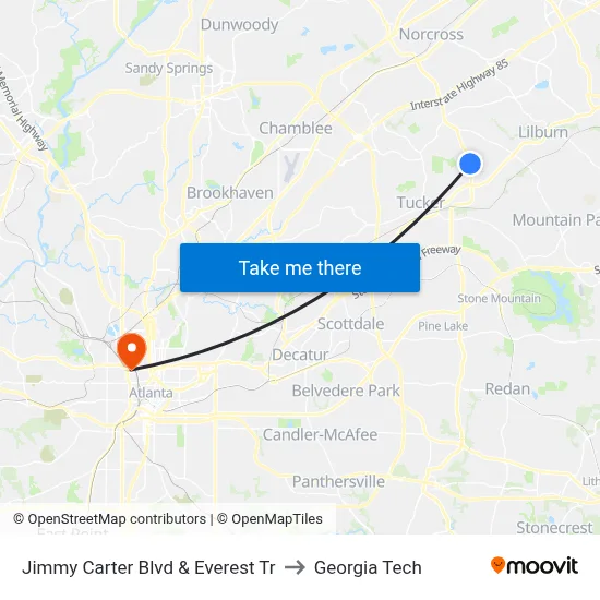 Jimmy Carter Blvd & Everest Tr to Georgia Tech map