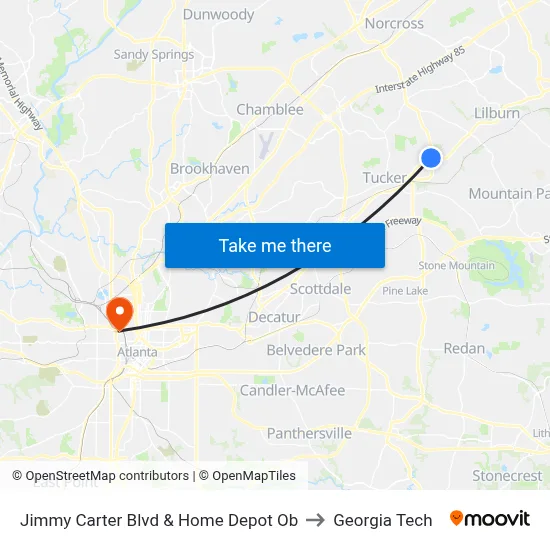 Jimmy Carter Blvd & Home Depot Ob to Georgia Tech map