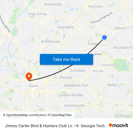 Jimmy Carter Blvd & Hunters Club Ln to Georgia Tech map