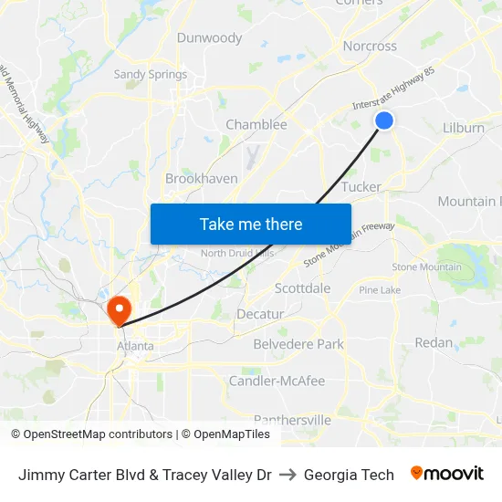Jimmy Carter Blvd & Tracey Valley Dr to Georgia Tech map