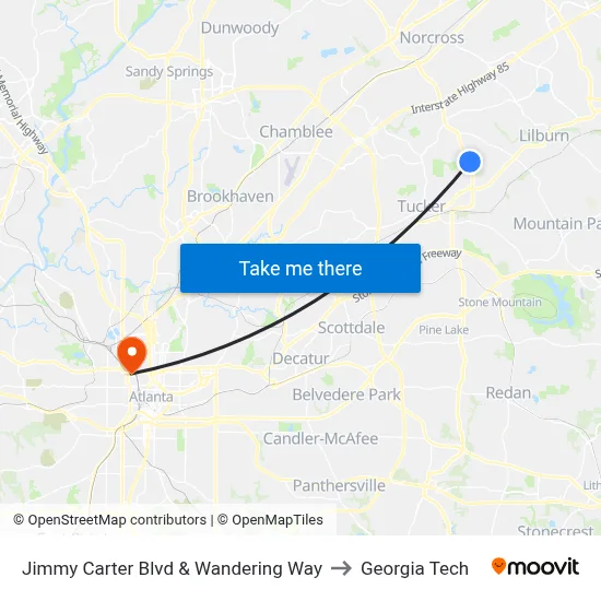 Jimmy Carter Blvd & Wandering Way to Georgia Tech map