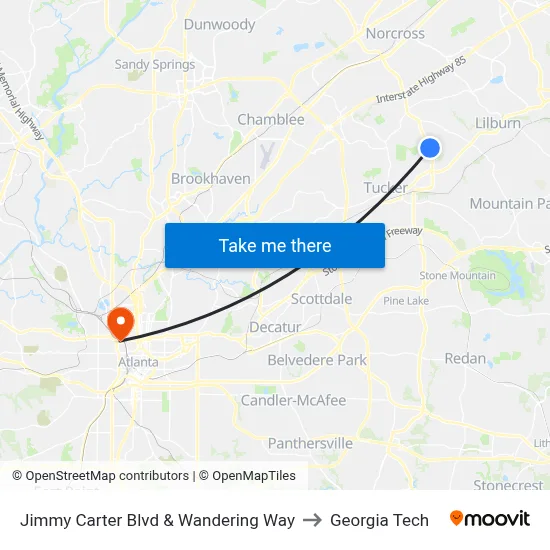 Jimmy Carter Blvd & Wandering Way to Georgia Tech map