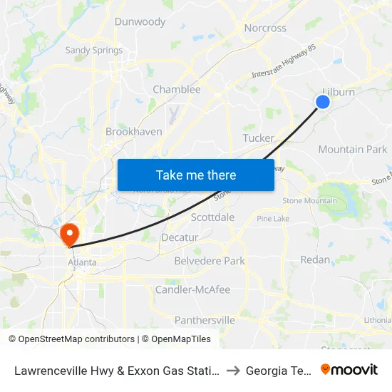 Lawrenceville Hwy & Exxon Gas Station to Georgia Tech map