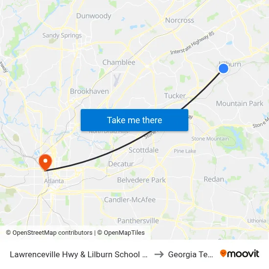 Lawrenceville Hwy & Lilburn School Rd to Georgia Tech map