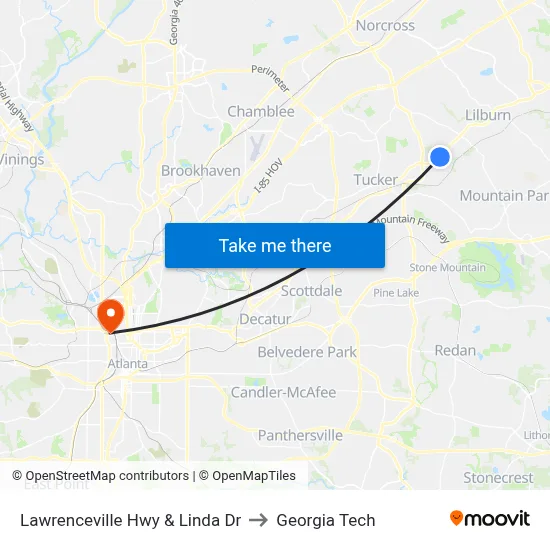 Lawrenceville Hwy & Linda Dr to Georgia Tech map