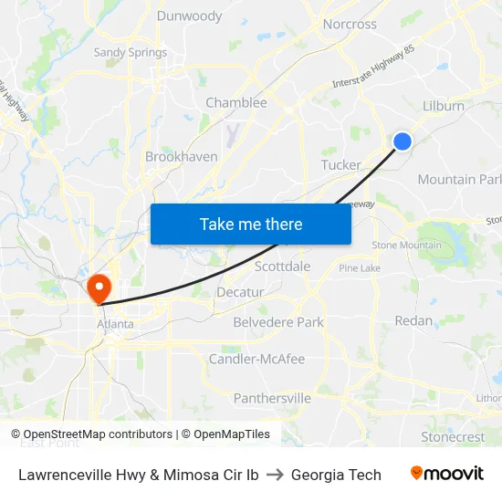 Lawrenceville Hwy & Mimosa Cir Ib to Georgia Tech map
