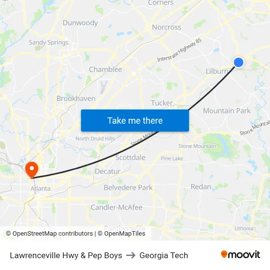 Lawrenceville Hwy & Pep Boys to Georgia Tech map
