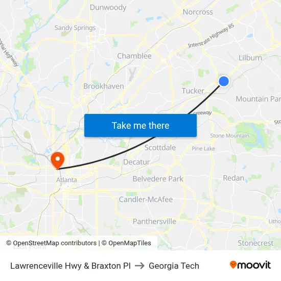 Lawrenceville Hwy & Braxton Pl to Georgia Tech map