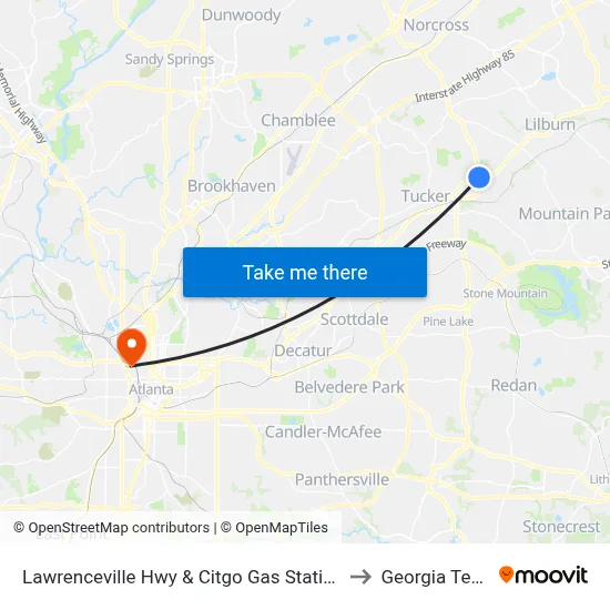 Lawrenceville Hwy & Citgo Gas Station to Georgia Tech map
