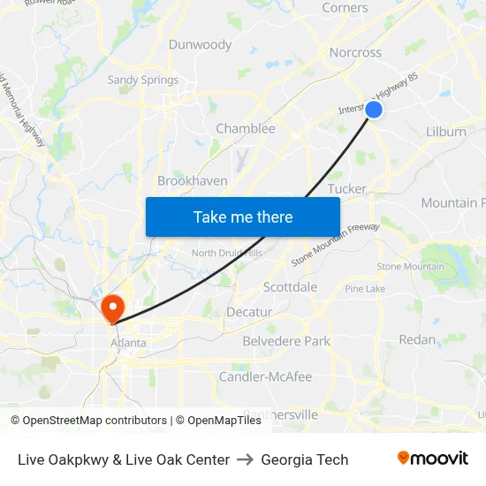 Live Oakpkwy & Live Oak Center to Georgia Tech map