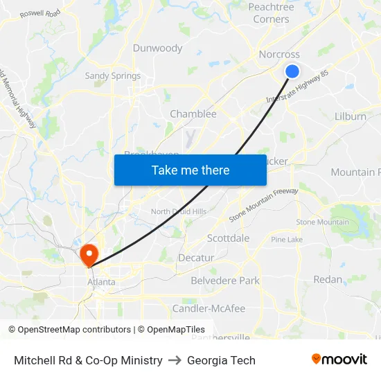Mitchell Rd & Co-Op Ministry to Georgia Tech map