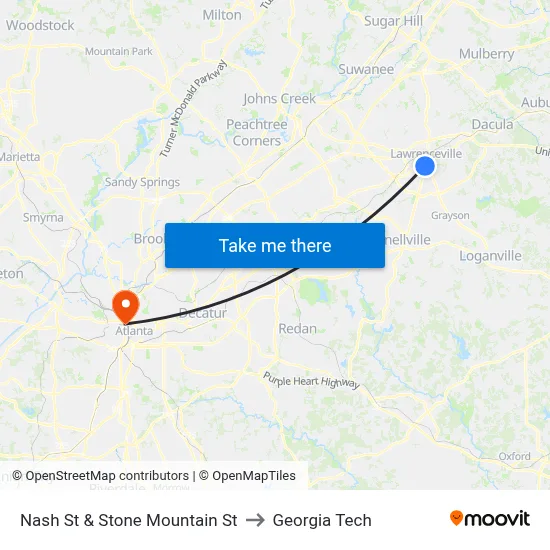 Nash St & Stone Mountain St to Georgia Tech map
