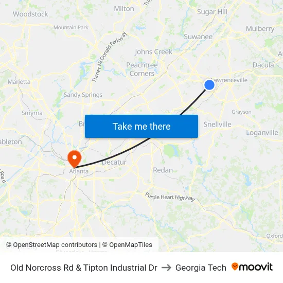 Old Norcross Rd & Tipton Industrial Dr to Georgia Tech map