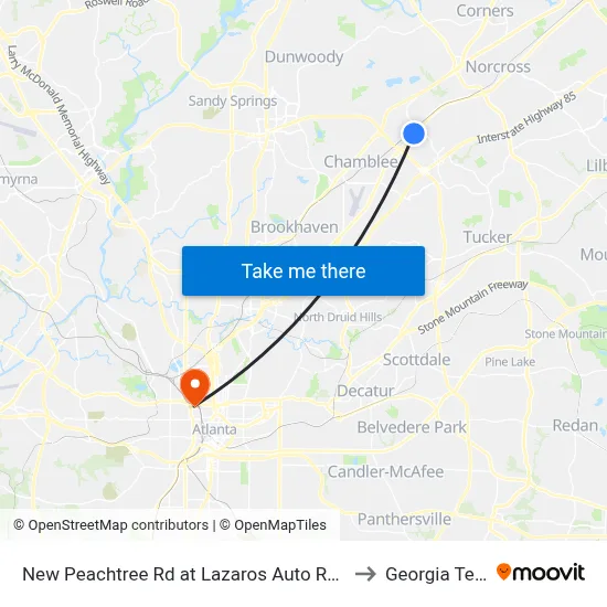 New Peachtree Rd at Lazaros Auto Rep Ib to Georgia Tech map