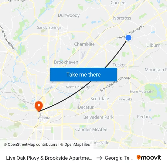 Live Oak Pkwy & Brookside Apartments to Georgia Tech map