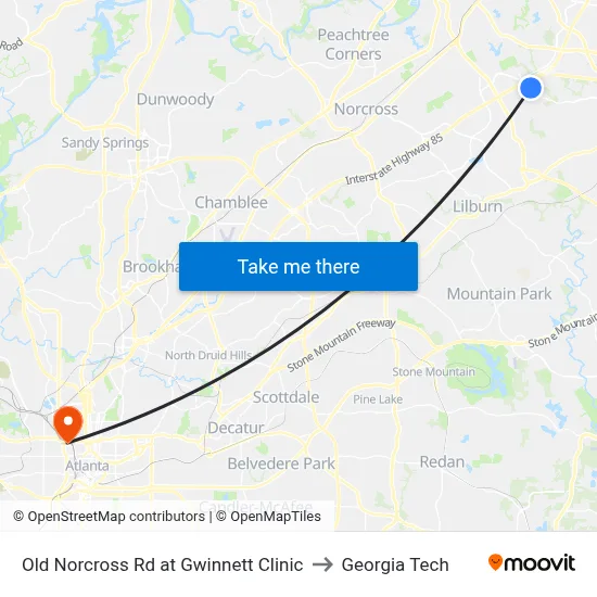 Old Norcross Rd at Gwinnett Clinic to Georgia Tech map