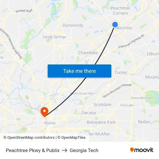 Peachtree Pkwy & Publix to Georgia Tech map