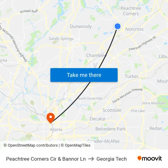 Peachtree Corners Cir & Bannor Ln to Georgia Tech map