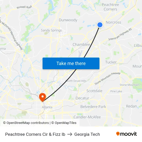 Peachtree Corners Cir & Fizz Ib to Georgia Tech map